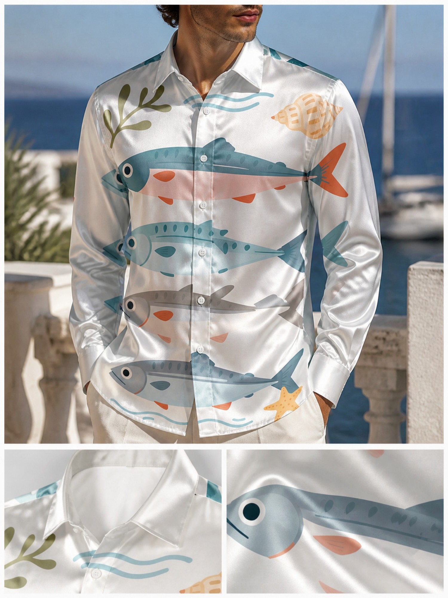 Resort Shirt Floral - Męska luksusowa satynowa koszula z długim